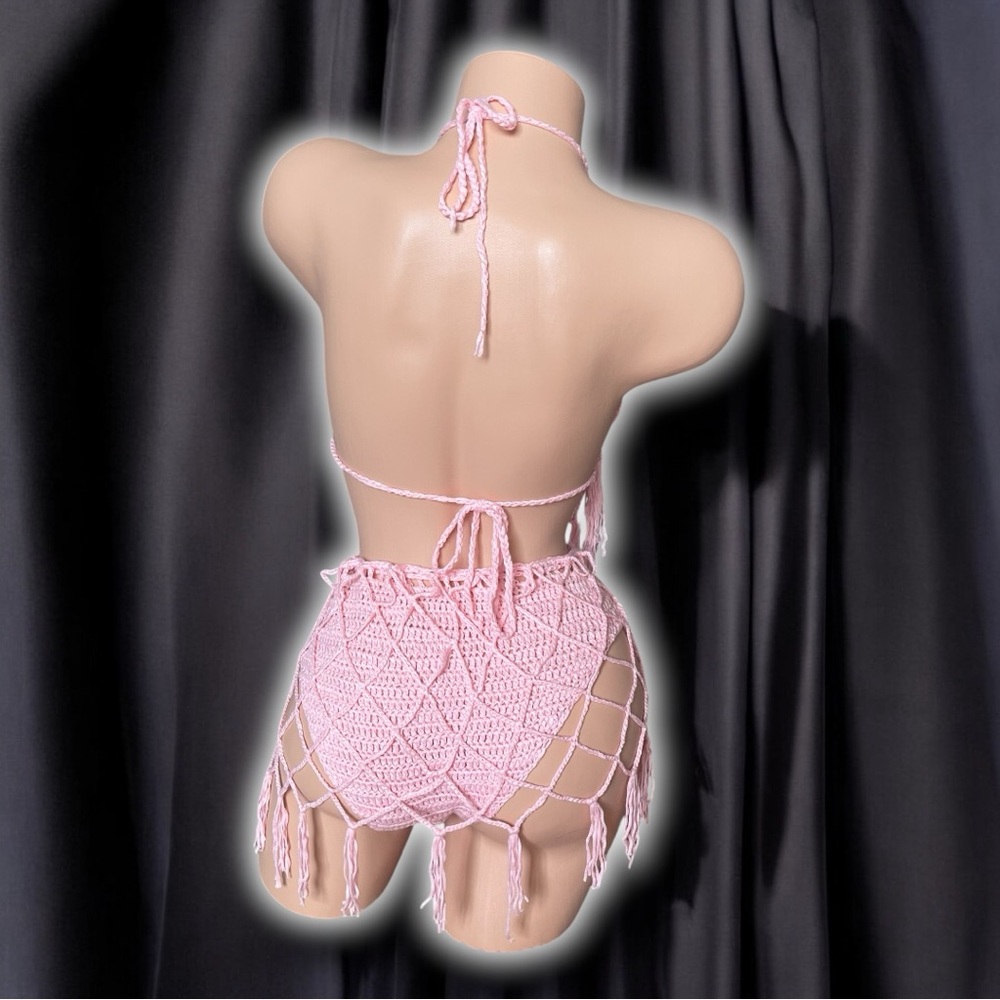 Pink Crochet Two-Piece Bikini Beach Pool Party Festival Coachella Cover-Up Set - Picture 5 of 7